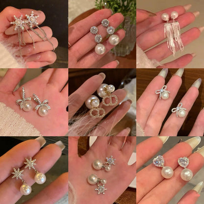 銀針鋯石雪花流蘇珍珠耳釘女小眾百搭耳環時尚氣質耳飾輕奢高級感