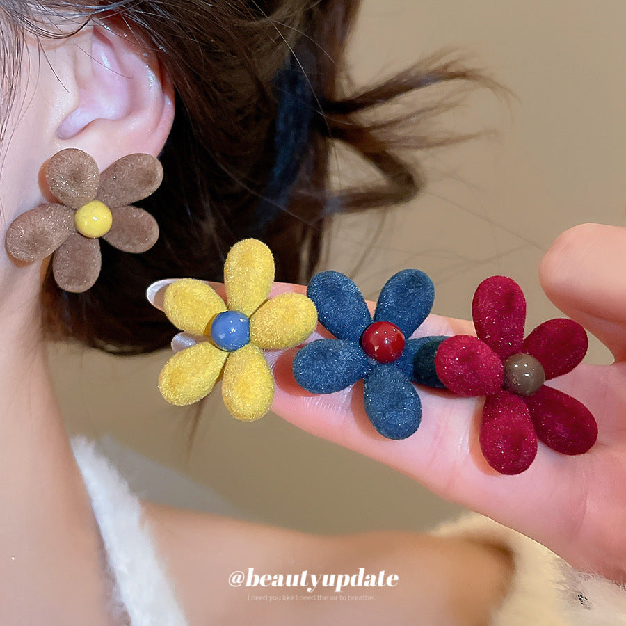 銀針亞克力植絨花朵耳釘多巴胺小眾時尚百搭耳環輕奢高級感耳飾女