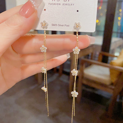 S925鋯石花朵流蘇耳墜－第二視角實拍｜https://igowo.tw/
