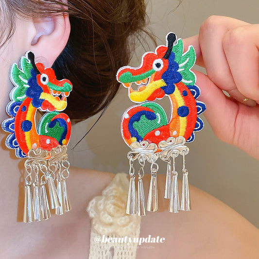 瑞龍獻瑞~刺繡布藝龍耳夾女無耳洞古典民族風耳環設計感獨特耳飾