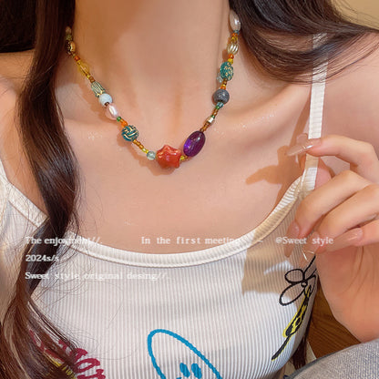 彩色陶瓷串珠項鏈女