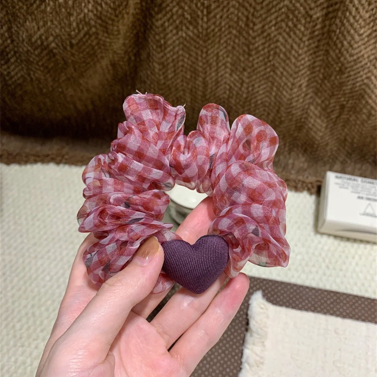 網紗愛心碎花髮圈－粉碎花款細節｜https://igowo.tw/