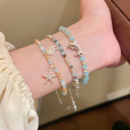 水晶串珠海豚海星貝殼吊墜手鏈海邊度假風清新手環小眾設計感飾品