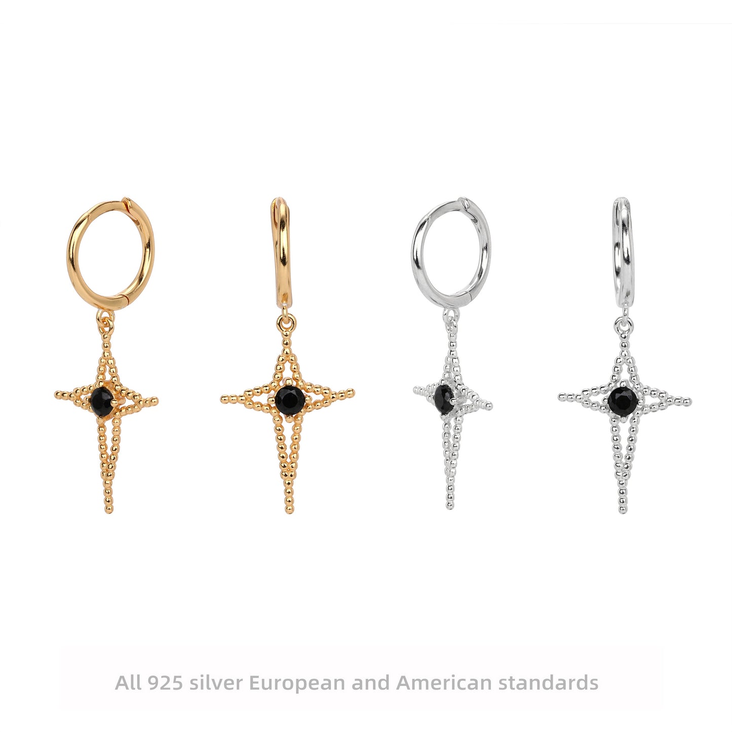 S925 歐美耳飾鏤空十字四芒星耳墜時尚高級感耳扣百搭耳環