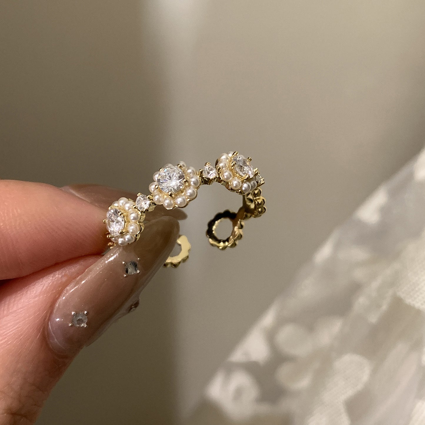 珍珠鋯石可調式戒指