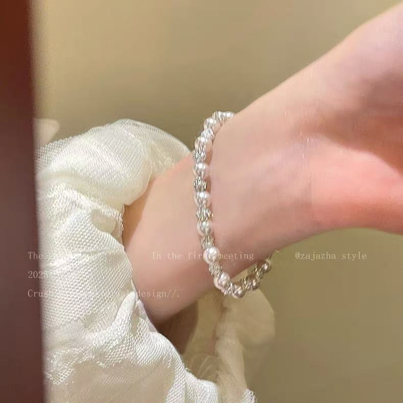 鑲鉆曼塔玫瑰珍珠串珠手鏈法式優雅時尚百搭手環輕奢高級感手飾女