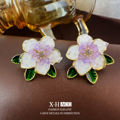 琺瑯山茶花鑲鑽耳釘