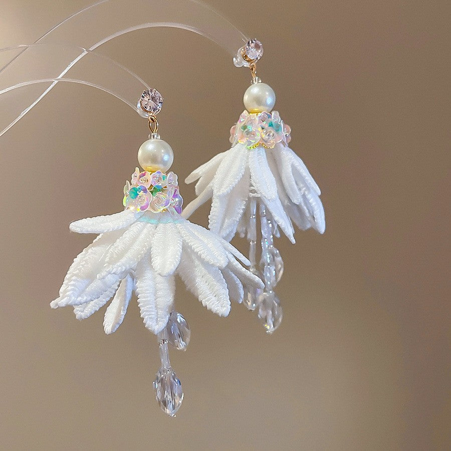 銀針雪紡花朵流蘇耳釘甜美森系多巴胺耳環小眾潮流百搭耳飾批發女