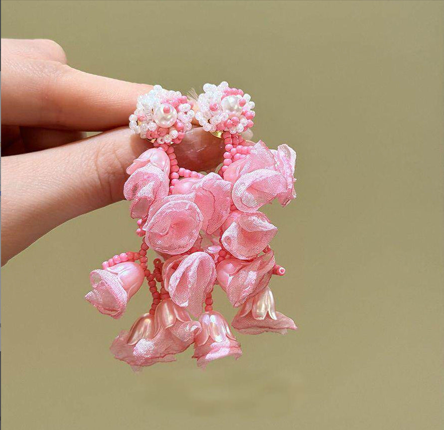 銀針氧氣夏日薄荷曼波綠色耳釘女海邊度假風水晶花朵流蘇耳環耳飾