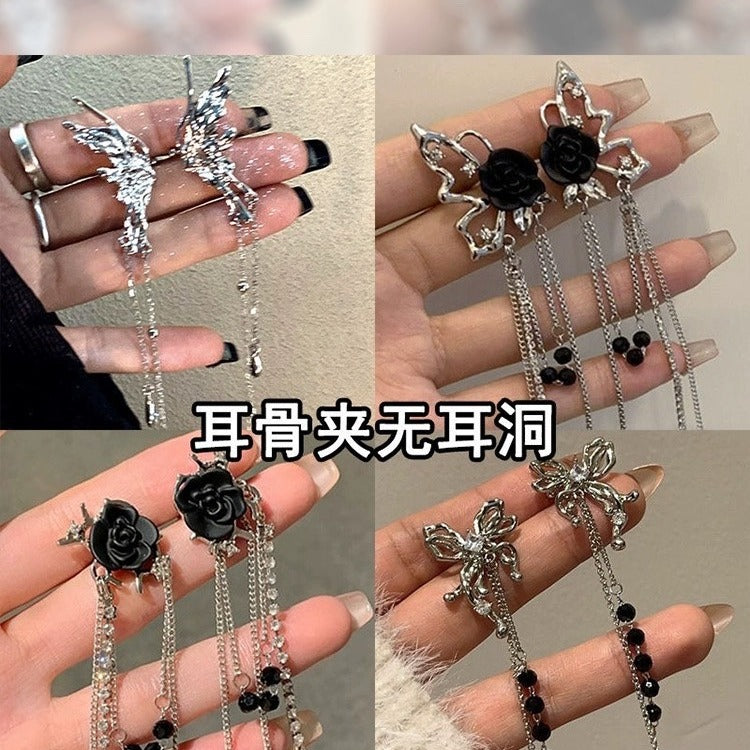 銀針辣妹風超閃鋯石星月流蘇耳夾耳釘甜酷風百搭無耳洞耳骨夾耳飾