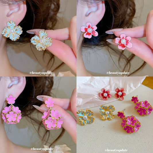 油畫風滴油花朵褶皺珍珠耳環法式復古時尚氣質耳釘輕奢高級感耳飾