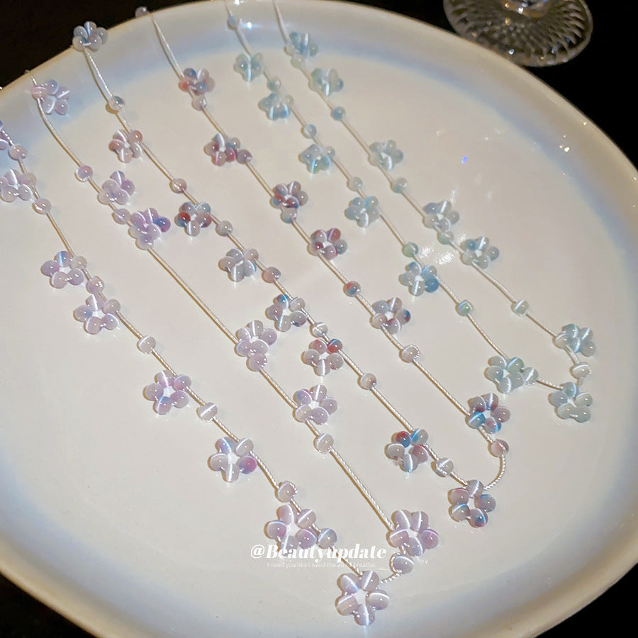 貓眼石串珠花朵項鍊－項鍊-藍色款實拍｜https://igowo.tw/