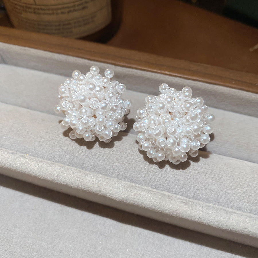 銀針花簇串珠珍珠耳釘復古優雅小眾氣質百搭耳環輕奢高級感耳飾女