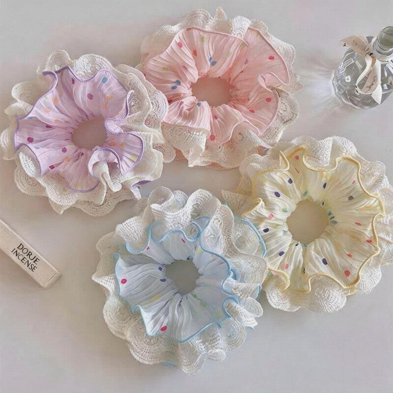 繽紛蕾絲波點髮圈－紫色一個款細節｜https://igowo.tw/