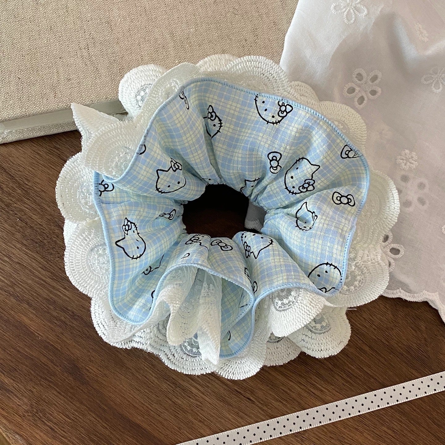 蕾絲貓咪格紋髮圈