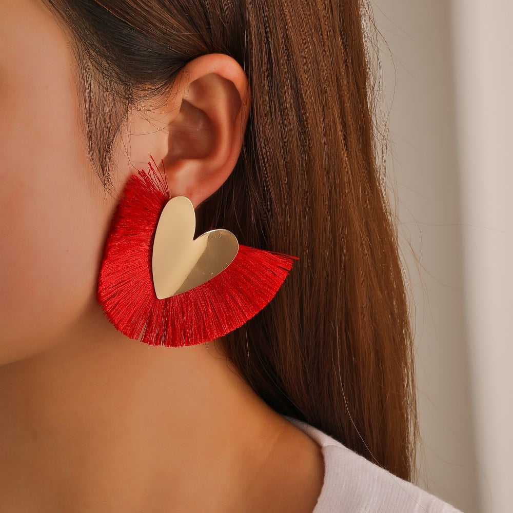 扇形愛心流蘇誇張耳環－02紅色款實拍｜https://igowo.tw/