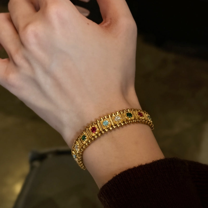 多寶手鏈古法黃金手表鏈女鑲嵌彩色手飾方形雙層點鉆手環手飾批發