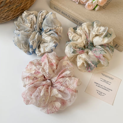 網紗大腸圈刺繡髮圈－藍色-刺繡髮圈款細節｜https://igowo.tw/