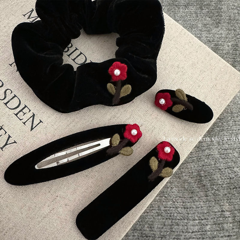 絨面花朵刺繡復古髮夾－商品主圖｜https://igowo.tw/