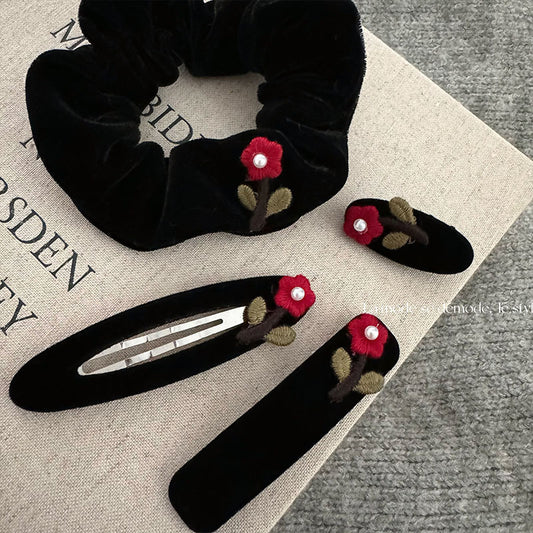 絨面花朵刺繡復古髮夾－商品主圖｜https://igowo.tw/