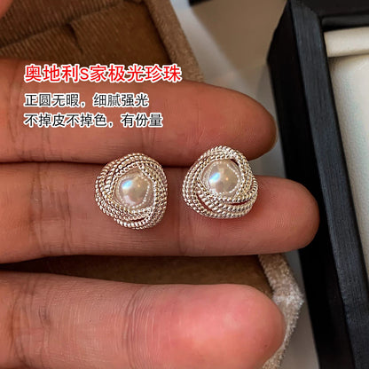 銀針百搭蕾絲纏繞S家珍珠耳釘