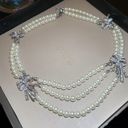 超閃鑲鉆蝴蝶結珍珠串珠耳環項鏈套裝優雅鎖骨鏈輕奢高級感飾品女