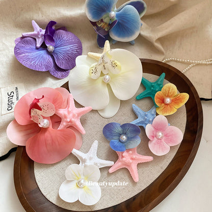 亞克力海星布藝花朵珍珠側邊發夾海邊度假風鴨嘴夾小眾設計感發飾