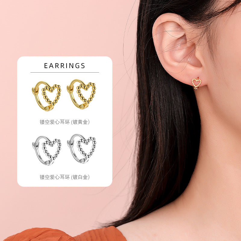 S925 圓珠愛心耳圈耳扣時尚簡約個性ins風高級感鍍K金心形耳環
