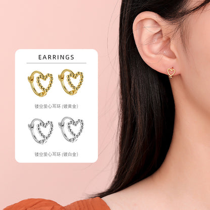 S925 圓珠愛心耳圈耳扣時尚簡約個性ins風高級感鍍K金心形耳環