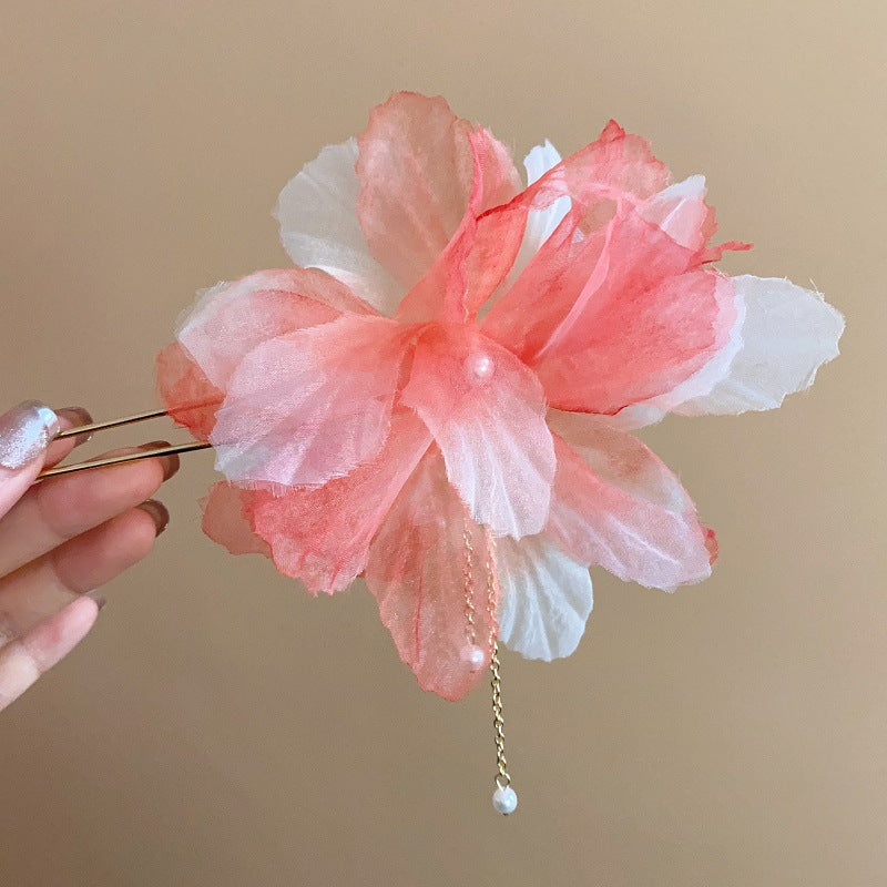 珍珠布面花朵流蘇髮簪