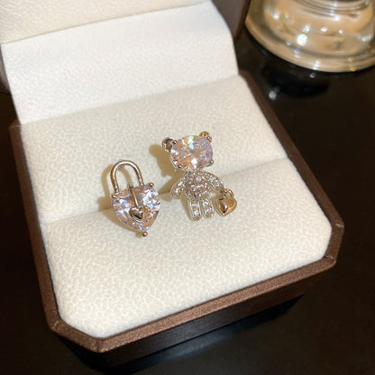 S925鋯石小熊不對稱耳釘