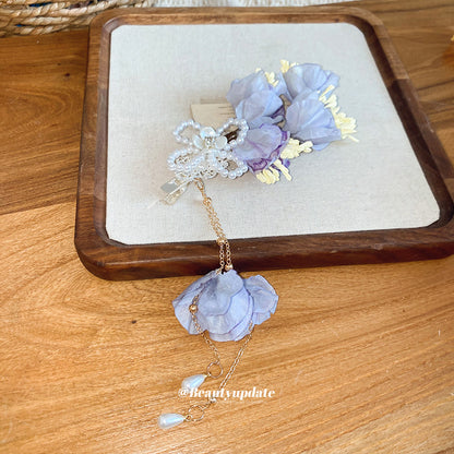 布面花朵流蘇髮夾－髮夾-米色-花朵款細節｜https://igowo.tw/