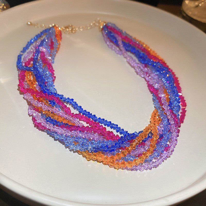 鑲鉆多層纏繞人造水晶款項鏈時尚森系小清新鎖骨鏈高級感氣質項飾