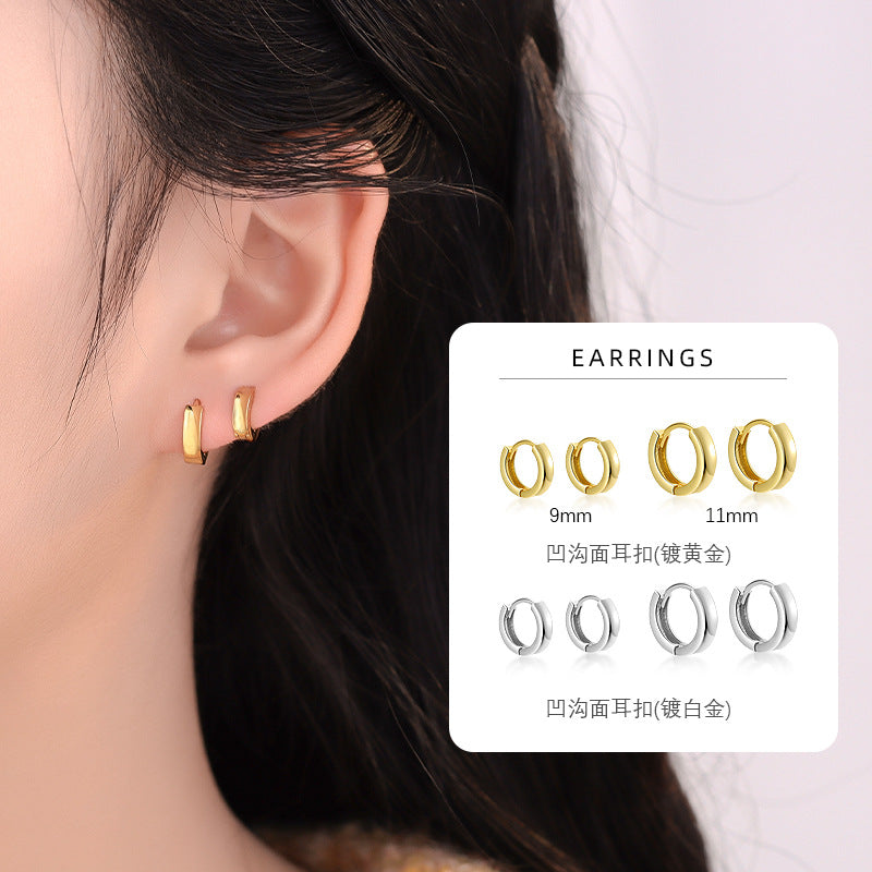 S925 凹溝面耳扣幾何圓小耳環日韓簡約氣質鍍K金輕奢女款ins風