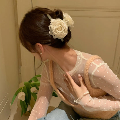 蕾絲大腸圈花朵髮圈－蕾絲蝴蝶結抓夾款細節｜https://igowo.tw/