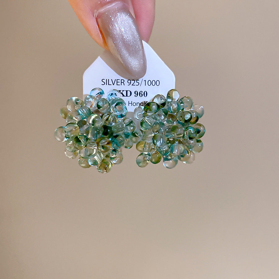 夏日小清新水晶串珠花朵耳釘女新款高級感耳環獨特漂亮耳飾女