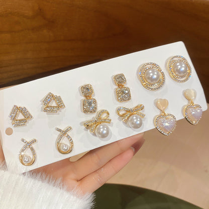銀針鑲鉆貓眼石珍珠耳釘套裝精致優雅氣質百搭耳環輕奢高級感耳飾