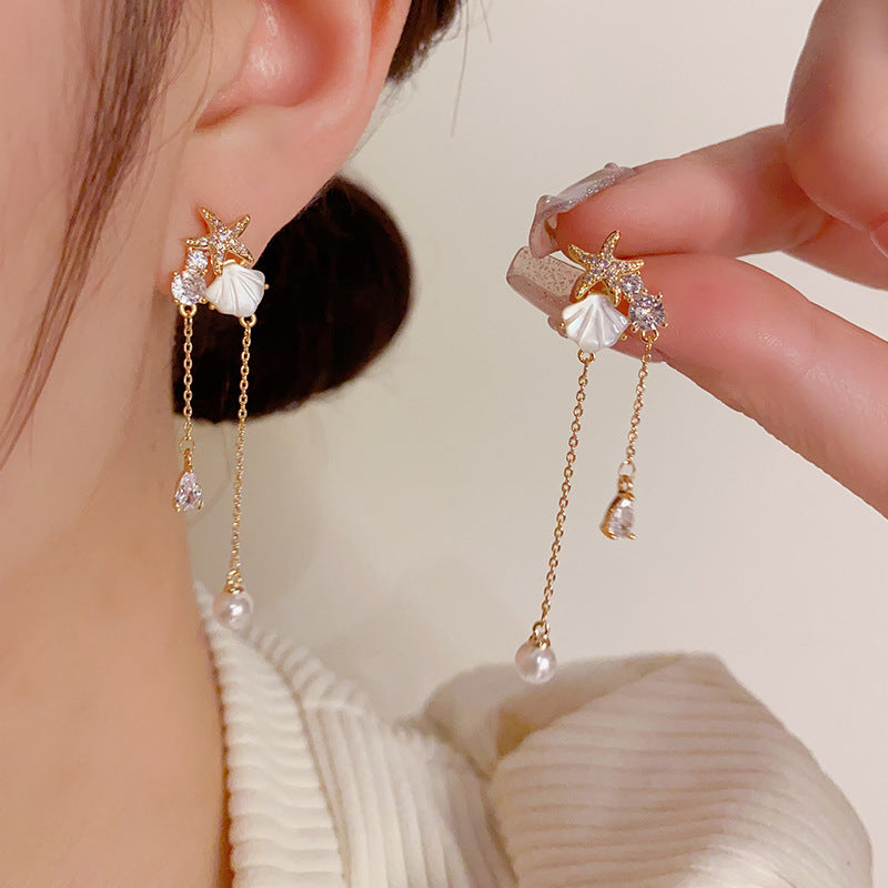 S925鋯石海星貝殼流蘇耳墜－商品主圖｜https://igowo.tw/