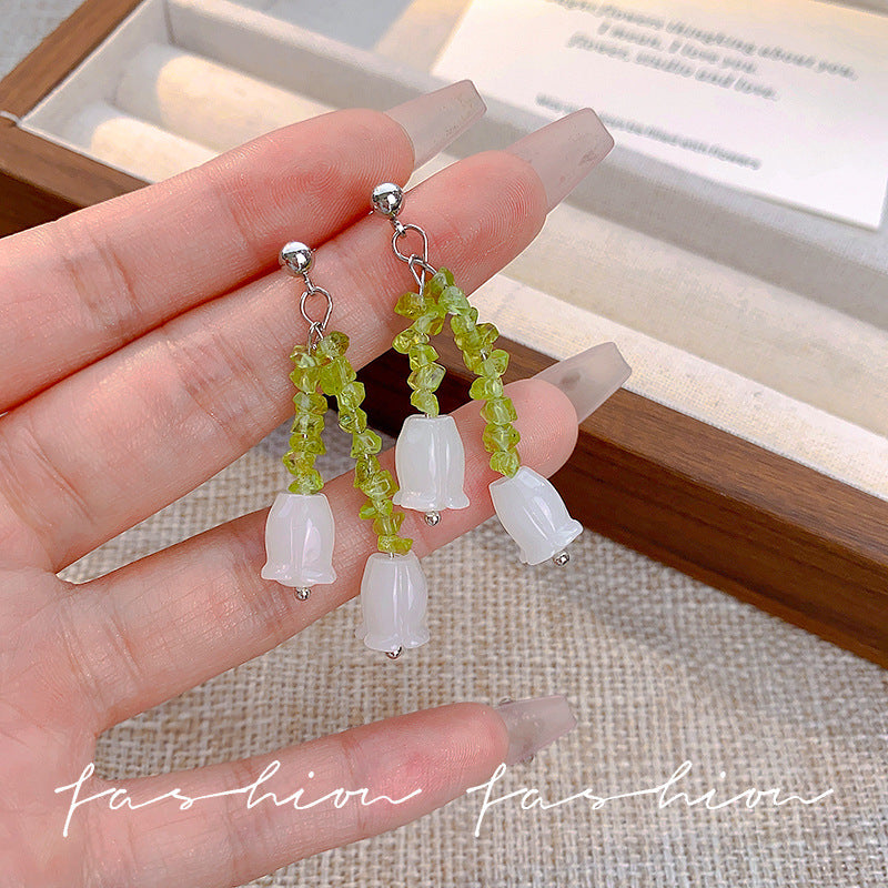 綠色串珠花朵流蘇耳環－商品主圖｜https://igowo.tw/