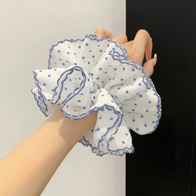 藍色布面波點髮圈－商品主圖｜https://igowo.tw/