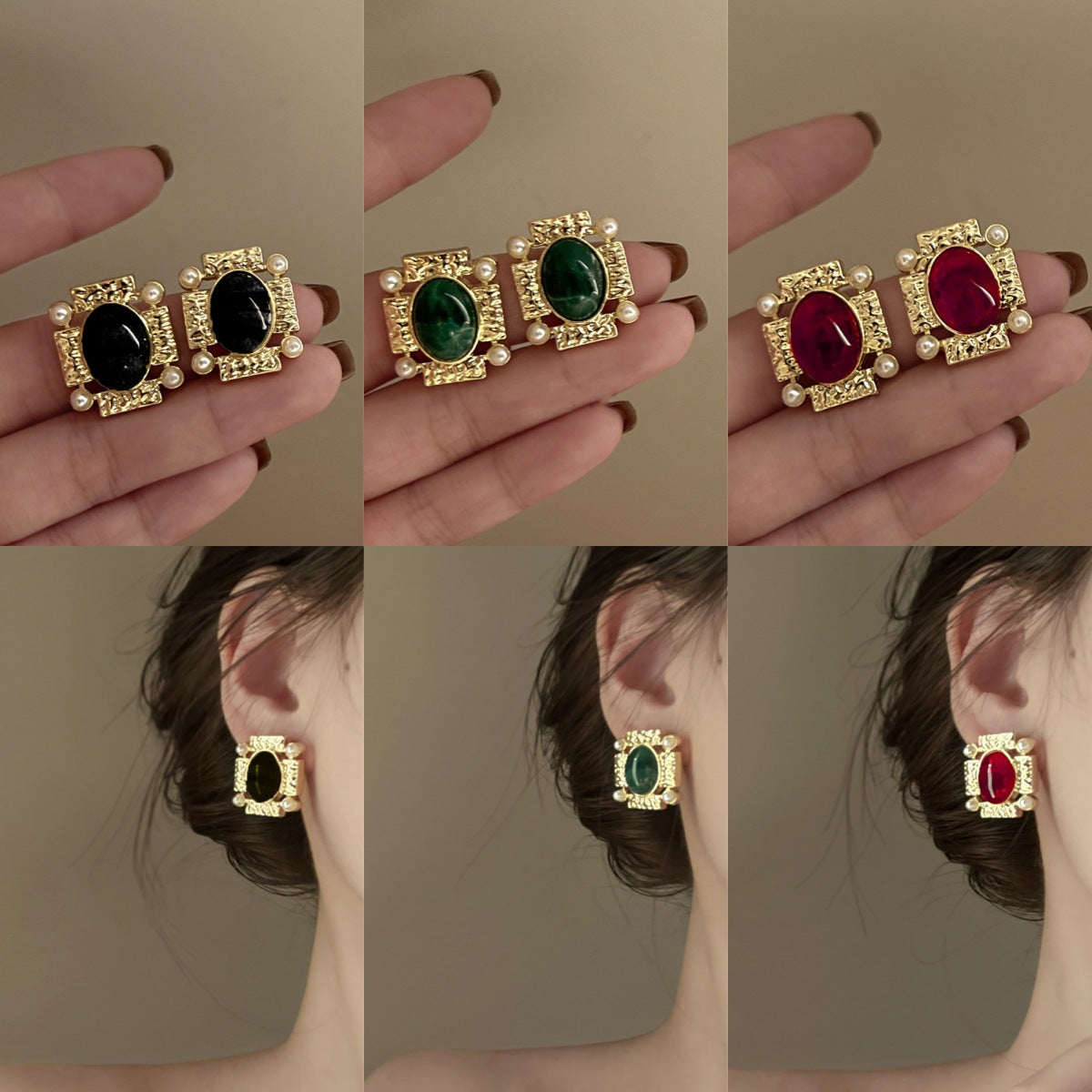 棕色珍珠方形復古耳釘－商品主圖｜https://igowo.tw/