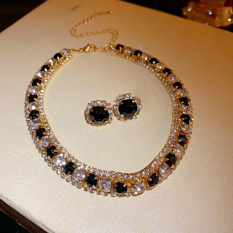 歐美重工鑲鉆圓形幾何耳釘項鏈套裝氣質高級感鎖骨鏈輕奢百搭首飾