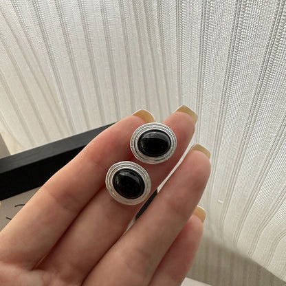 S925純銀黑瑪瑙耳釘法式復古優雅小眾設計明星同款橢圓耳環耳飾品