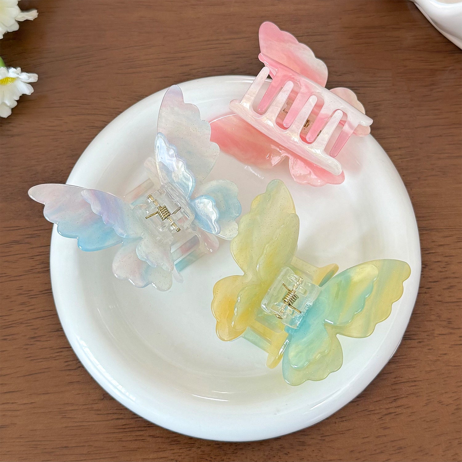 醋酸板材蝴蝶雙層髮夾－香檳漸變款細節｜https://igowo.tw/