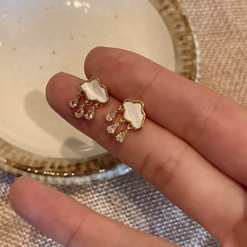 韓系ins風雲朵貝母水滴鋯石耳釘清新甜美少女耳環小眾設計感耳飾