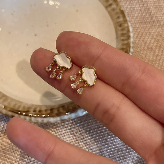 韓系ins風雲朵貝母水滴鋯石耳釘清新甜美少女耳環小眾設計感耳飾