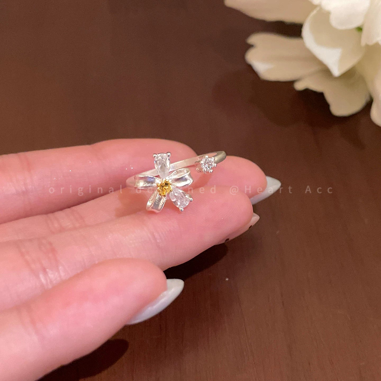 銀色羽毛花朵多層戒指