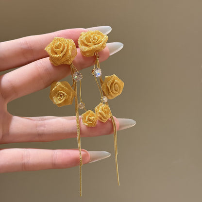 鋯石花朵流蘇鏤空耳釘