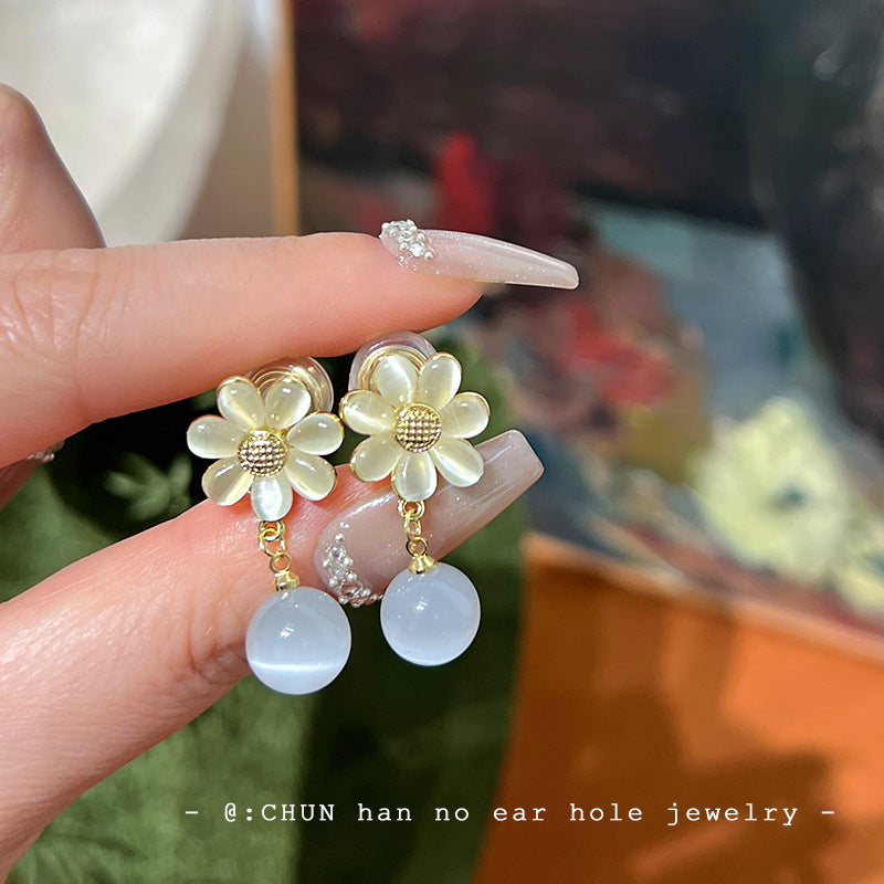 貓眼石花朵耳夾無洞高級感耳釘女生精致小飾品耳夾耳環高級感小眾 貓眼石花朵耳夾（送硅膠墊）