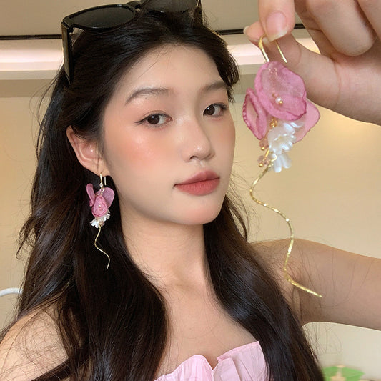 粉色花朵流蘇長版耳環－商品主圖｜https://igowo.tw/
